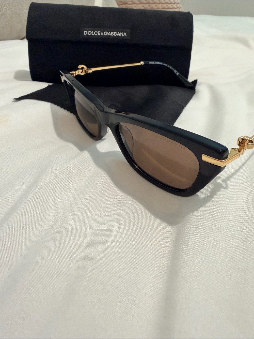 Dolce & Gabbana Black Sunglasses with Gold Temples and Brown Lenses